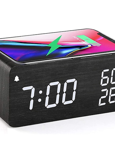  Wooden Digital Alarm Clock with Wireless Charging 3 Alarm Clock LED Displays Sound Control and Snooze for Bedroom Office