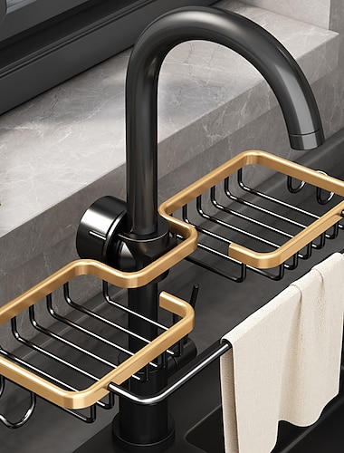  küche lagerregal wasserhahn rack schwarz gold haushalt spüle spülschwamm lappen abfluss wasser hängende korb waschbecken