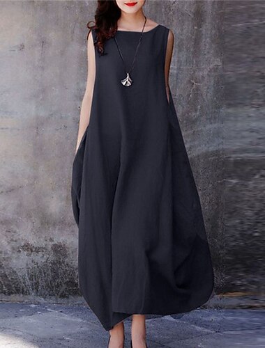 Women's Purple Brown Dark Blue Summer Spring Maxi Dress Cotton Linen Dresses Casual Dress Cotton Linen Dress Basic Casual Mature Outdoor Vacation Daily Loose Fit Pure Color Boat Neck
