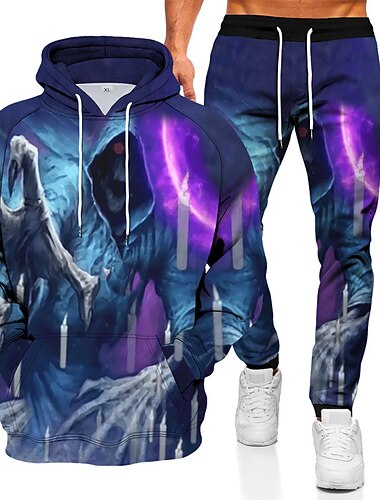  Voor heren Trainingspak Truien instellen Rode Wijn Marine Blauw blauw Bruin Koffie Capuchon Grafisch Doodskoppen 2-stuks Afdrukken Sport & Outdoor Casual Sport 3D-afdrukken Polyester Streetwear