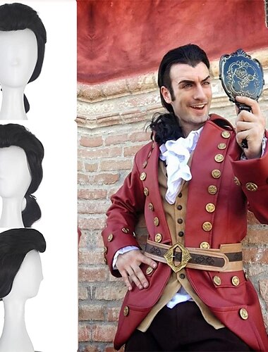  Gaston cosplay perruque pour hommes la belle et la bête gaston colonial hommes perruques de cheveux longs noir ondulé avec queue de cheval perruque synthétique résistante à la chaleur pendant les
