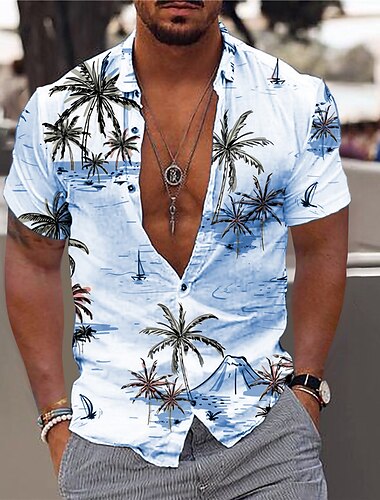  Herren Kokosnussbaum Aloha Hemd Hawaiihemd Sommerhemd Grafik-Shirt Aloha-Shirt Kurzarm Hemd Umlegekragen Outdoor Strasse Print Hellrosa Weiß Gelb Marineblau Himmelblau Bedruckt Button-Down Bekleidung