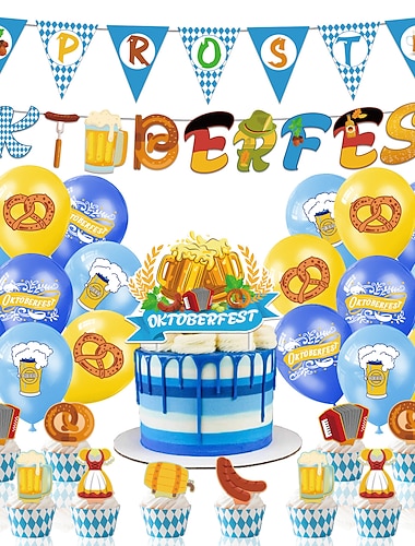  ensemble de fête à thème oktoberfest allemand bleu et blanc plaid tirer drapeau gâteau carte ballon décoration de fête