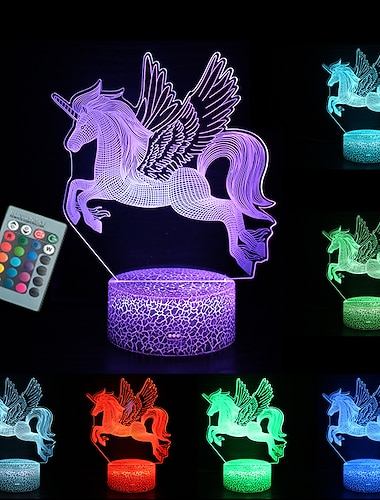  3d enhjørning nattlys led illusjonslampe med fjernkontroll 16 farger 4 blitsmoduser beste jul bursdagsgave til jenter