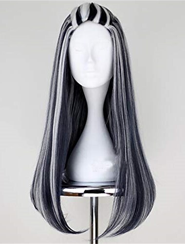  باروكة شعر صناعي من Monster High - Draculaura - باروكة شعر مستقيمة باللونين الأسود والرمادي - باروكة شعر كرنفال