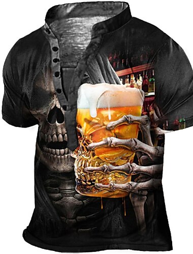  Voor heren Grafisch Doodskoppen Bier T-shirt Henley-shirt T-shirts Korte mouw 3D-afdrukken Ontwerper Basic Casual Buiten Dagelijks Sport Zomer Zwart Opstaand Henley-T-shirt
