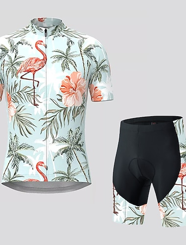  Herr Cykeltröja med Haklapp-shorts Kortärmad Bergscykling Vägcykling Sommar Grön Flamingo Blommig Botanisk Cykel 3D Tablett Snabb tork Bakficka Fuktabsorberande Andningsfunktion Elastan sporter Kläder