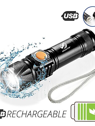  lampe de poche led rechargeable super lumineuse avec queue tête de chargement usb torche étanche zoomable lumière portable 3 modes d'éclairage batterie intégrée
