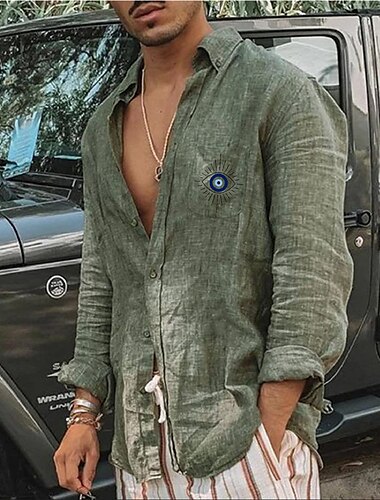  Herren leinenhemd Sommerhemd Strandhemd Designer-Shirt Graphic Outdoor Strasse Weiß Blau Grün Khaki Langarm Umlegekragen Sommer Frühling Bekleidung Bedruckt