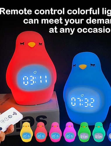  будильник ночник детский красочный пингвин экологически чистый силиконовый пульт дистанционного управления может менять цвет милый спальный свет zd-05-1