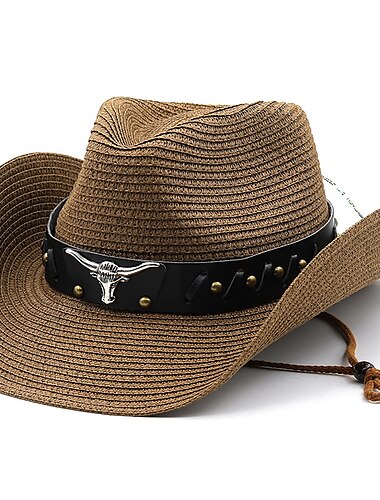  Sombreros de vaquero para mujer, sombrero de paja panamá de estilo étnico, cinturón, sombreros occidentales decorados con vaca