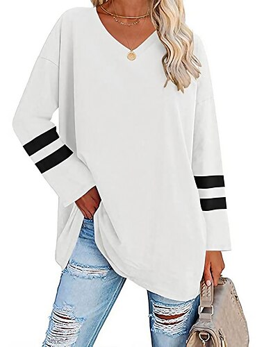  女性用 Tシャツ ストライプ 日常 ベーシック 長袖 Ｖネック レギュラートップス カジュアル 週末 ブラック ホワイト ピンク ルビーレッド ブルー 秋冬
