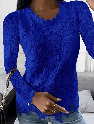  Damen Hemd Bluse Weiße Ötenoberteile Schwarz Weiß Rosa Glatt Spitze Langarm Arbeit Strassenmode Brautkleider schlicht Rundhalsausschnitt Standard Blume S