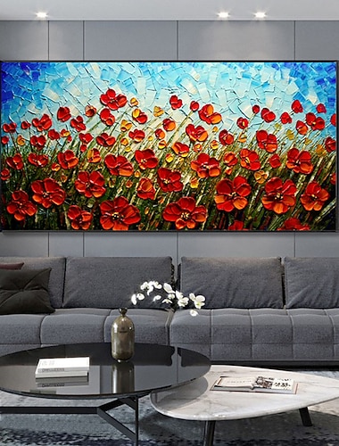  يدويا النفط الطلاء قماش جدار الفن الديكور مجردة زهرة حمراء اليدوية سكين اللوحة اللوحة لديكور المنزل توالت اللوحة فرملس غير الممدودة
