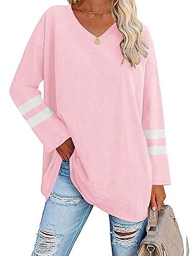  Damen T Shirt Gestreift Täglich Basic Langarm V Ausschnitt Normale Oberteile Lässig Wochenende Schwarz Weiß Rosa Rote Blau Herbst Winter