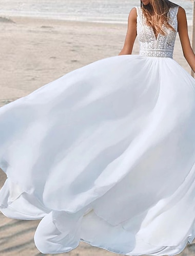  Beach Open Back Boho Wedding Dresses A-Line V Neck Sleeveless Floor Length Chiffon Bridal Gowns With / 2024