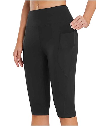  Damen Yogahose Seitentaschen Bauchkontrolle Po-Lifting Hohe Taille Yoga Fitness Fitnesstraining Capri Leggings Unterteile Schwarz Weiß Dunkelmarine Sport Sportkleidung Hohe Elastizität Schmaler