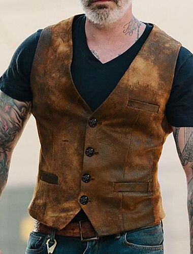  בגדי ריקוד גברים וסט אפוד חליפה Gilet מסיבה / ערב פֶסטִיבָל וינטאג' יום יומי תערובת כותנה קולור בלוק חזה יחיד כפתור יחיד צווארון V רזה חום אֵפוֹד