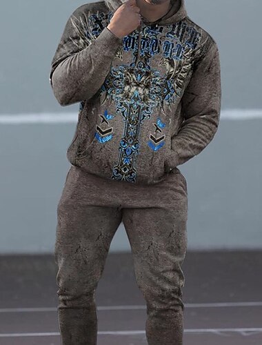  Voor heren Grafisch Geometrisch 2 stuks 3D Sweatshirtsets Trainingspak Hoodies Lange mouw Lange broek Capuchon Streetwear Sportkleding Basic Sport & Outdoor Casual Sport Afdrukken Lente Herfst Zwart