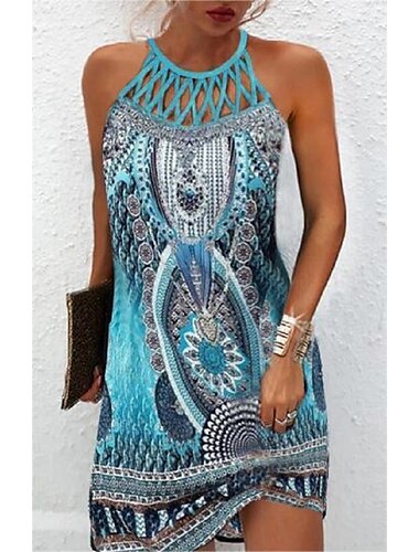  Mujer Vestido informal Mini vestido Azul Piscina Sin Mangas Estampado Estampado Primavera Verano Cuello halter Casual 2023 S M L XL XXL 3XL