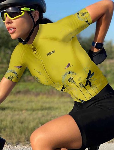  Damen Radtrikot fahrradbekleidung Fahrradtrikot Kurzarm Fahhrad Trikot Shirt mit 3 Gesäßtaschen MTB Mountain Rennrad Schnelles Trocknung Atmungsaktiv Schnelltrocknend Feuchtigkeitsableitung Weiß Gelb