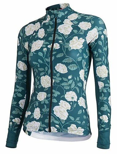  Damen Radtrikot Blumenmuster Langarm Fahhrad Trikot Oberteil mit 3 Gesäßtaschen Mountainbike MTB Straßenradsport Schnelltrocknend Reflektierende Streifen Rückentasche Feuchtigkeitsableitend Sport Grün