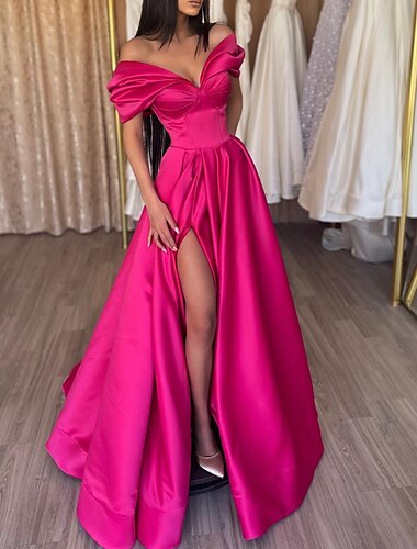  A-Linie Abendkleid Sexy Kleid Hochzeitsgast Abschlussball Bodenlänge Kurzarm Schulterfrei Satin mit Schlitz Unifarbens 2025
