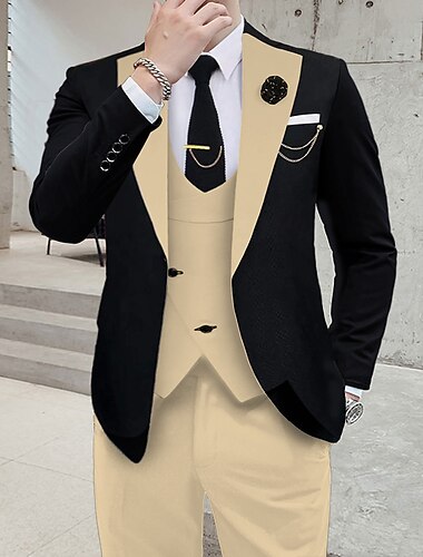  Herren Hochzeit Party Anzüge Suits Cachi scuro Schwarz + Beige Einfarbig Reguläre Passform 3-teiliges Set Einreiher - 1 Knopf