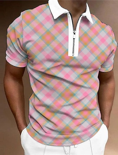  男性用 ポロシャツ ゴルフシャツ チェック 折襟 ピンク 3Dプリント アウトドア ストリート 半袖 ジッパー プリント 衣類 ファッション デザイナー カジュアル 高通気性