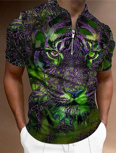  Voor heren Tijger Poloshirts met rits Golfshirt Korte mouw Poloshirt Overhemden met kraag Casual Grappig Streetwear Vakantiekleding Feestoutfits 3D-afdrukken Polo met kwartrits blauw Blozend Roze