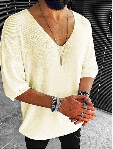  Herren T Shirt Strick-T-Shirt Langarmshirt Halbarm V Ausschnitt Frühling & Sommer Einfach Mode Leicht Klassisch Urlaub Lässig Ferien Schwarz Weiß Braun Top T-Shirt für Herren
