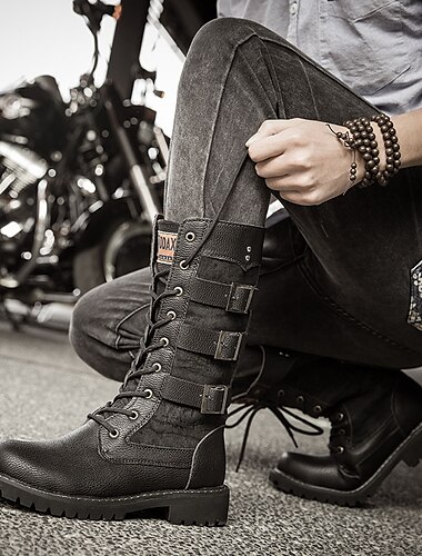  bottes de moto en cuir noir pour hommes avec sangles à boucle et design à lacets pour un style motard