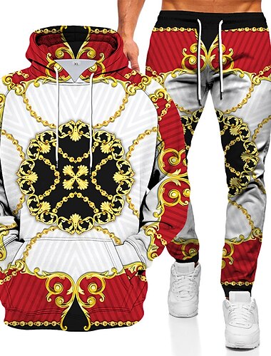  Herren Grafik Ketten drucken 2St 3D Sweatshirt-Sets Trainingsanzug Kapuzenshirts Langarm Lange Hosen Mit Kapuze Streetwear Sportbekleidung Basic Sport & Outdoor Lässig Sport Druck Frühling Herbst