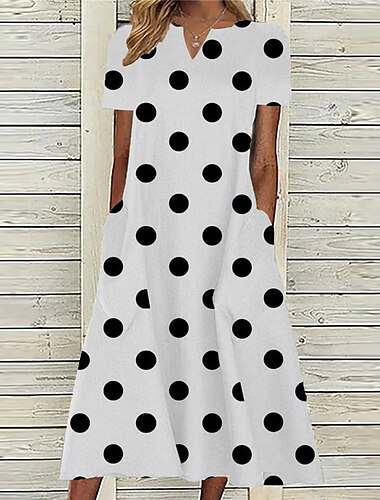  Dames Midi Jurk Casual Jurk Polka Dot Pocket Print V Hal Casual Dagelijks Korte Mouw Zomer Lente