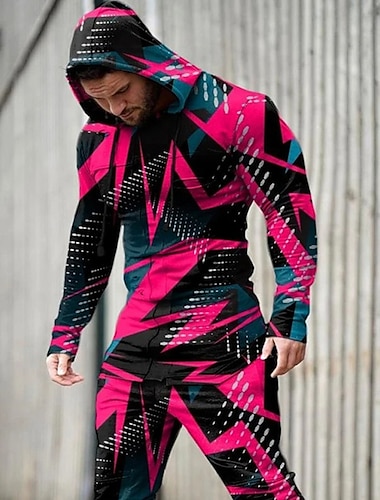  Men's Tracksuit Hoodies Set Yellow Light Green Pink Purple Green Hooded Graphic Geometric 2 Piece Print Sports & Outdoor Casual Sports 3D Print Streetwear Sportswear Basic Spring Fall Clothing Apparel