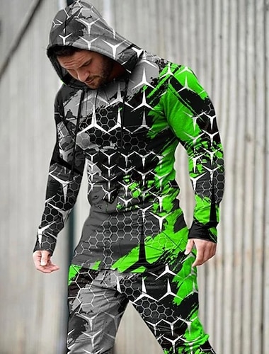  Voor heren Grafisch Geometrisch 2 stuks 3D Sweatshirtsets Trainingspak Hoodies Lange mouw Lange broek Capuchon Streetwear Sportkleding Basic Sport & Outdoor Casual Sport Afdrukken Lente Herfst Geel