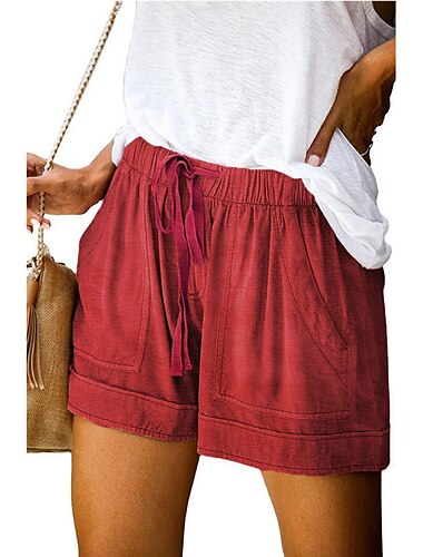  Damen-Shorts im Leinen-Look mit Kordelzug und Tasche, schlicht, alltagstauglich, normal, Sommer, grün, schwarz, rosa, orange, rot