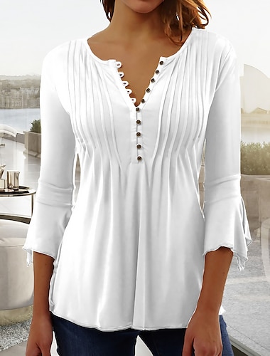  Women's Shirt Tunic Blouse Plain Button Flowing tunic Casual Basic 3/4 Length Sleeve V Neck White