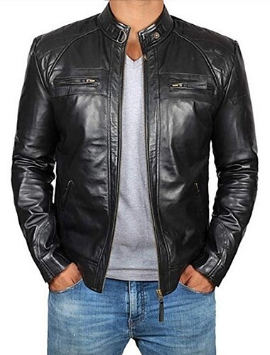  Herren Kunstlederjacke übergangsjacke Jacke Bikerjacke Outdoor Täglich Thermowarm Winddicht Vollreißverschluss Herbst Einfarbig Streetwear Lässig Stehkragen Regulär Kunstleder Normale Passform