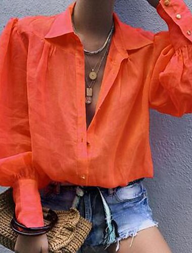  Mujer Camisa Blusa Plano Ropa de calle Casual Manga Larga Cuello Camisero Tops regulares Oficina Trabajo Negocio Botones Negro Blanco Rosa Naranja Verde Trébol Primavera Otoño