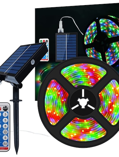  حبل إضاءة يعمل بالطاقة الشمسية بطول 5 متر و 16.4 قدمًا RGB 300 مصباح LED SMD2835 مع جهاز تحكم عن بعد 8 أوضاع متغيرة الألوان لشحن USB بقوة 1000 مللي أمبير في الساعة IP67 ديكور خارجي مقاوم للماء
