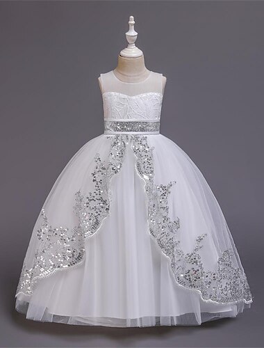  Kinder Wenig Mädchen Kleid Einfarbig Blume A Linie Kleid Party Besondere Anlässe Pailletten Bestickt Weiß Champagner Rote Midi Ärmellos Prinzessin nette Art Kleider Frühling Sommer Schlank 4-13 Jahre
