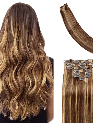  A Clipser Extensions de cheveux Cheveux Naturel humain 8 pièces Pack Droit Couleur naturelle Extensions de cheveux