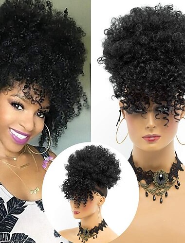  Afro haute bouffée cheveux chignon cordon queue de cheval avec frange courte crépus bouclés ananas queue de cheval clip dans sur wrap updo queue de cheval extensions