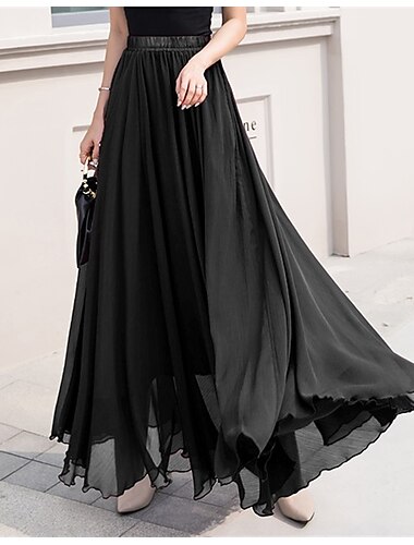  Damenrock Swing Arbeitsrock Langer Rock Maxirock Chiffon Unifarben Büro/Karriere Alltag Frühling&amp;sommer chiffon elegant lang s