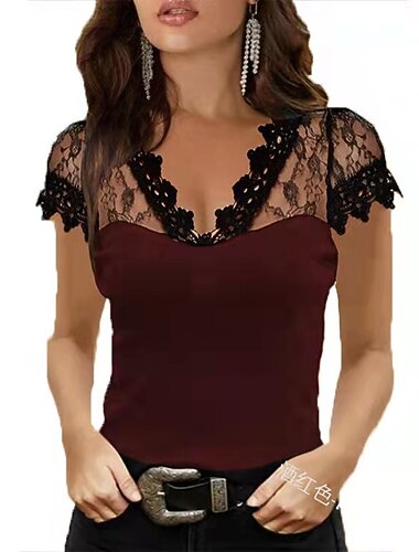  Mulheres Camiseta Preto Vinho Azul Tecido Renda Patchwork Manga Curta Casual Final de semana Básico Ombro a Ombro Padrão S