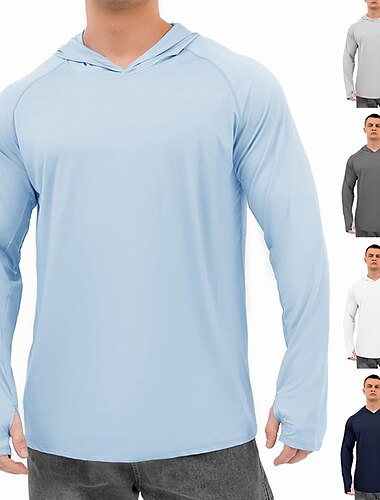  chemises solaires à manches longues pour hommes sweat à capuche de protection contre les éruptions cutanées randonnée pêche t-shirt de natation haut protection solaire en plein air respirant séchage rapide léger été bleu marine blanc escalade