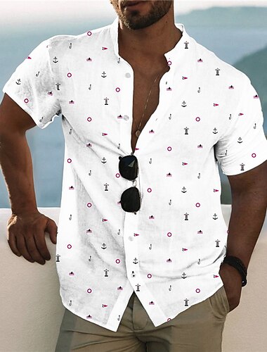  Men's Anchor Shirt Summer Hawaiian Shirt Aloha Shirt Short Sleeve Shirt Stand Collar Fashion Designer Casual Outdoor Vacation Casual White 3D Print S M L
