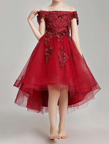  A-Linie Asymmetrisch Blumenmädchenkleid Festzug Junioren Süßes Ballkleid Spitze mit Blütenblätter Geblümt / Blume Fit 3-16 Jahre