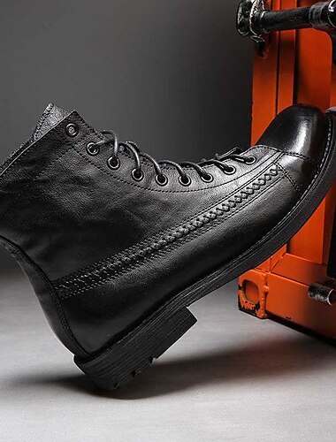  botas de combate masculinas pretas de couro sintético com cadarço e detalhes brogue, botas de motociclista estilo vintage para uso casual e ao ar livre